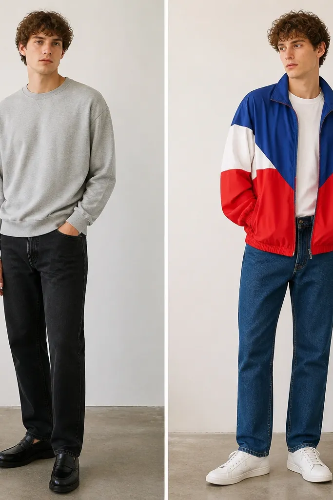 Before: a monochrome sweatshirt and dark jeans. After: the same model wears a bright color-block windbreaker (blue, red, white panels) with straight jeans and white low-top sneakers.
