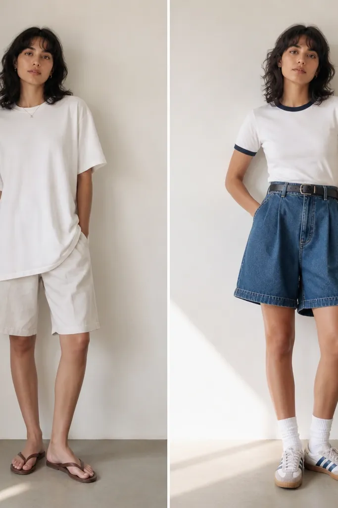 Before: a long tee with knee-length shorts and flat sandals. After: a ringer tee is tucked into high-waisted baggy shorts with crew socks and retro sneakers.