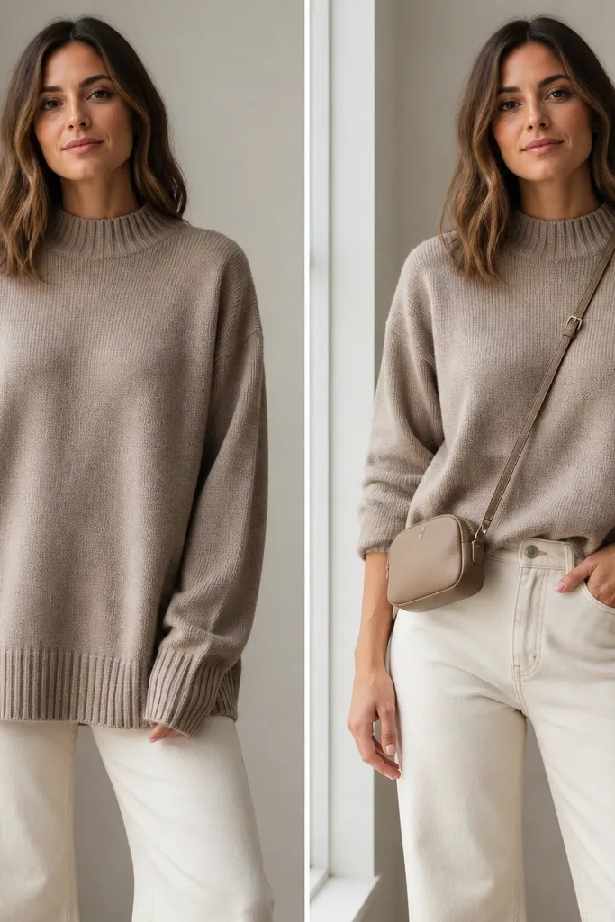 Before: an oversized sweater worn untucked with no accessories. After: the sweater is half-tucked, and a micro crossbody belt bag sits at the hip with a strap across the chest.