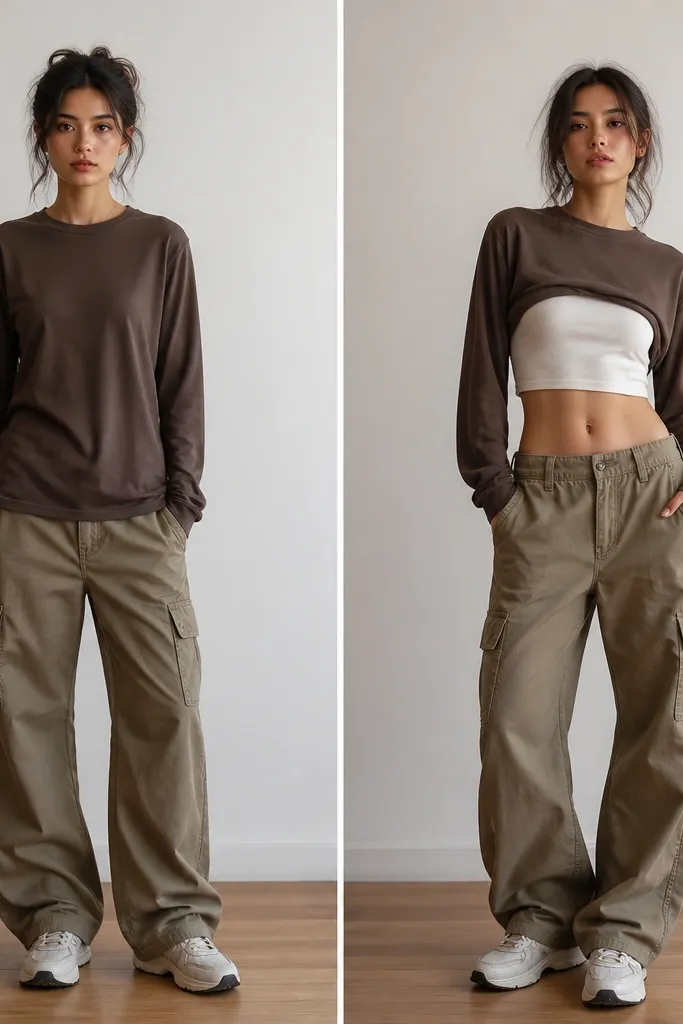 Before: a single long-sleeve top and cargo pants. After: a crop fitted top is layered under a slightly oversized long-sleeve, showing a band of midriff, plus the same pants.