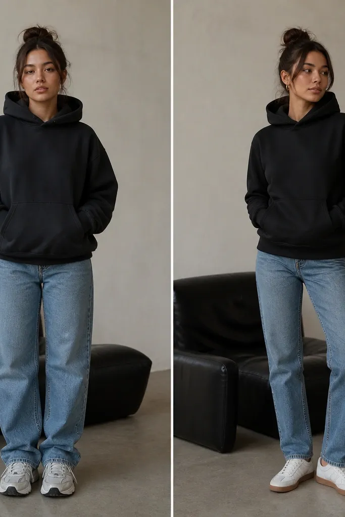 Before: chunky sneakers with straight jeans and a plain hoodie, no jewelry. After: the same jeans get swapped to low-profile sneakers, a cleaner hoodie fit, and small hoop earrings.