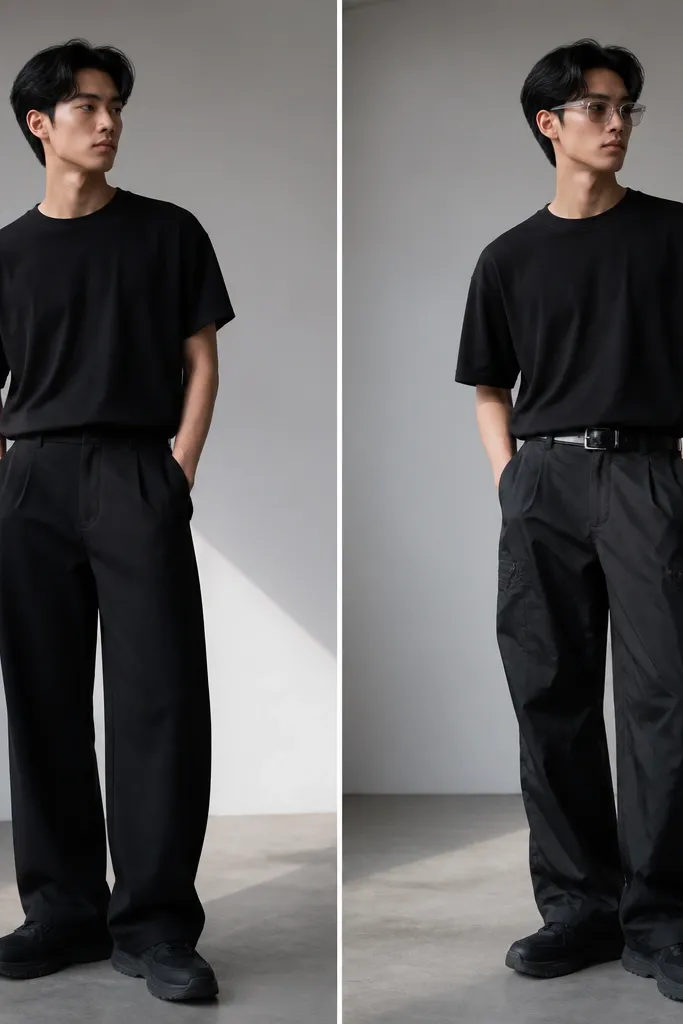 Before: all-black outfit with matte fabrics and no statement accessories. After: the same base is upgraded with tech pants (subtle sheen), a glossy belt, and clear-framed sunglasses.