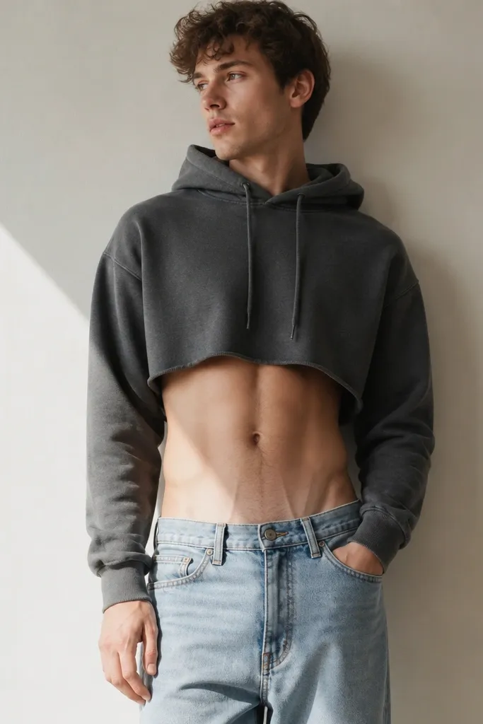 A man in a tiny cropped hoodie with mid-rise jeans; the hem sits above the waistband so much it reveals a large strip of stomach.