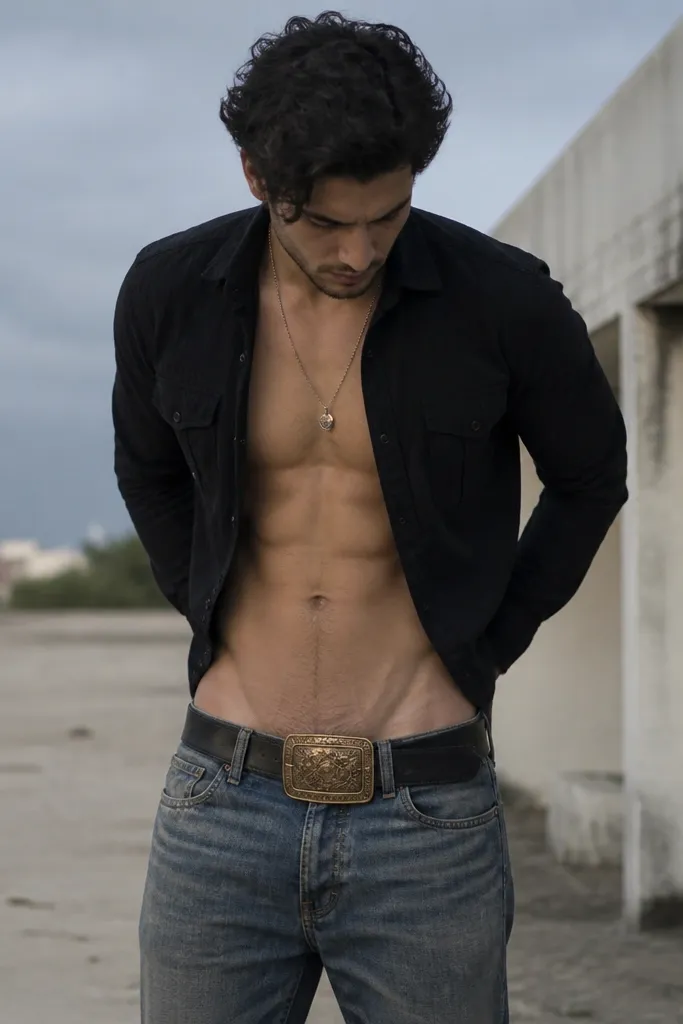 A man wearing very low-rise jeans with a wide, formal-looking belt buckle that clashes with the casual streetwear texture.