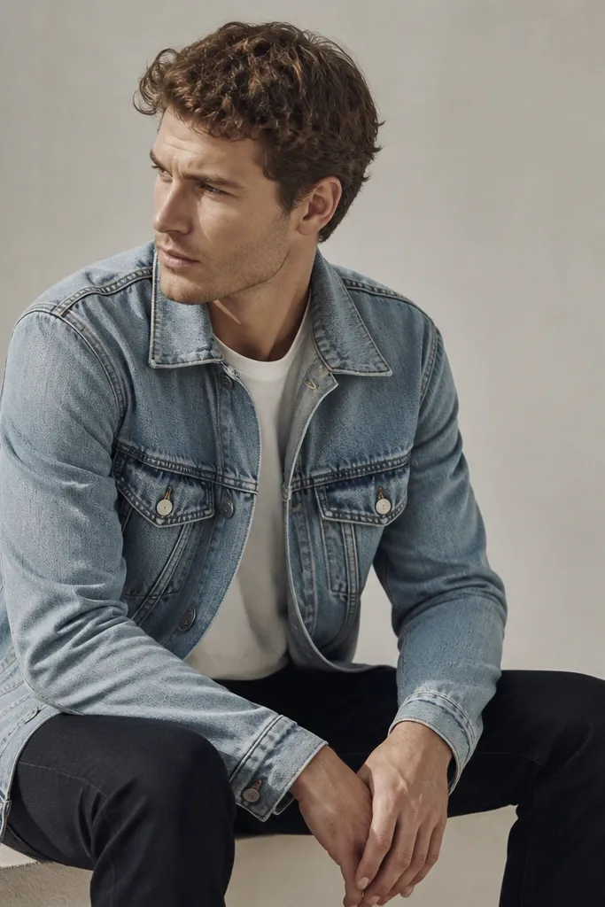 A man wearing a light-wash denim jacket over a white tee and very dark jeans, with no other color tie-in.