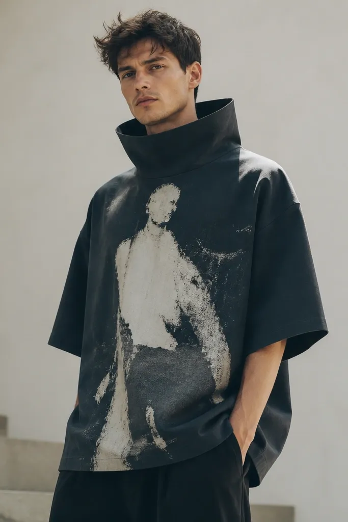 A man in an oversized graphic tee with a very thick, high collar that stands away from the neck; the shirt looks bulky and boxy.