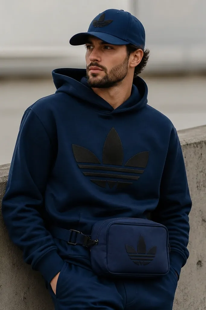 A man wearing a hoodie with a big front logo, a cap with a large embroidered mark, and a belt bag with another brand symbol, all competing in the same color intensity.