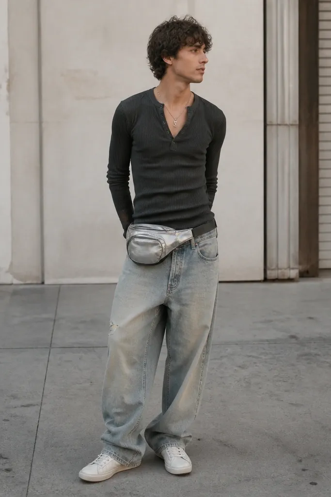A man wearing sleek, minimal dress-style sneakers with baggy jeans and a shiny Y2K belt bag.
