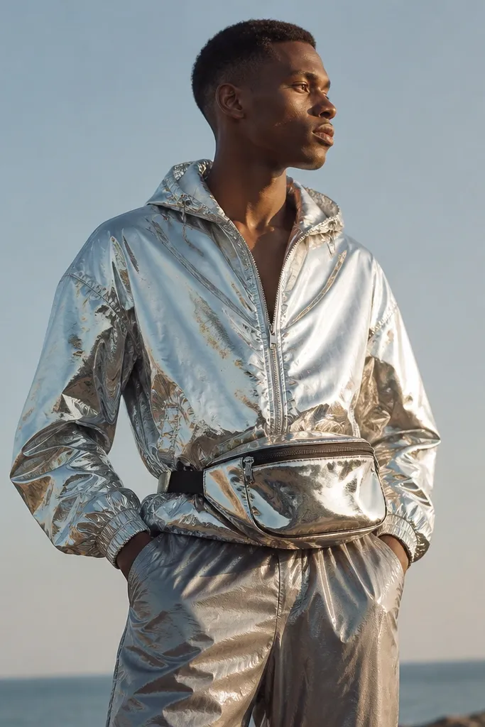 A man wearing a metallic jacket, shiny track pants, and a glossy belt bag that all reflect heavily under light.