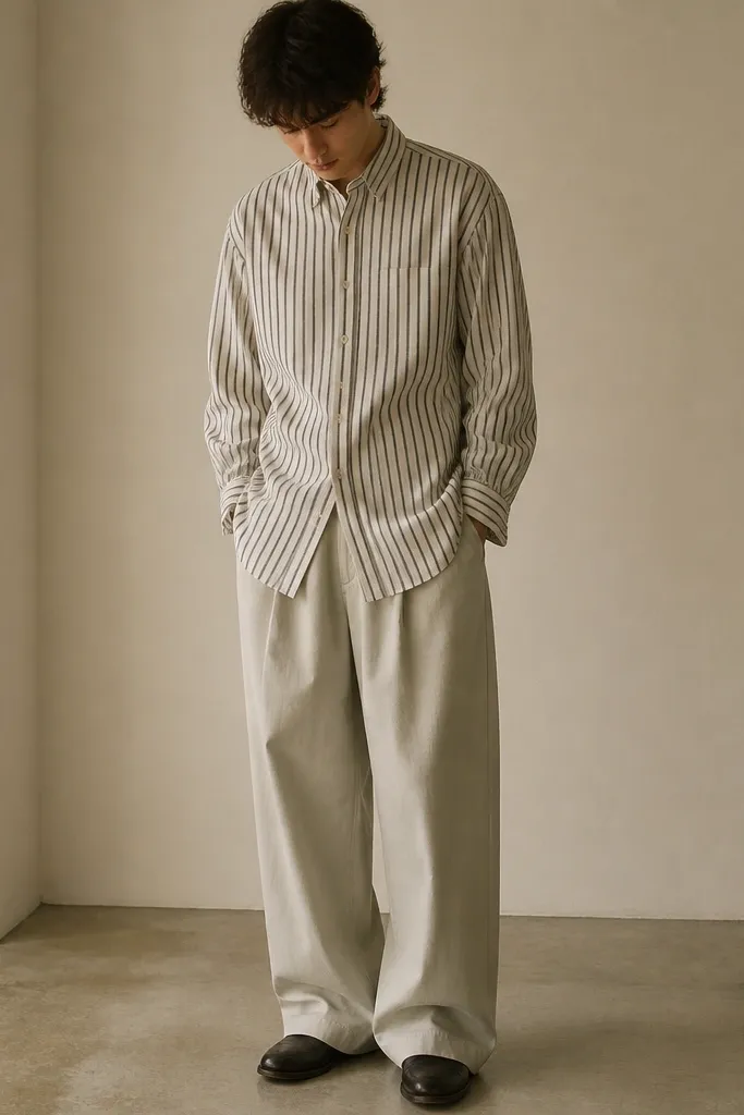A man wearing a striped button-up with heavy vertical lines all the way down and baggy pants, making the frame look longer and less defined.