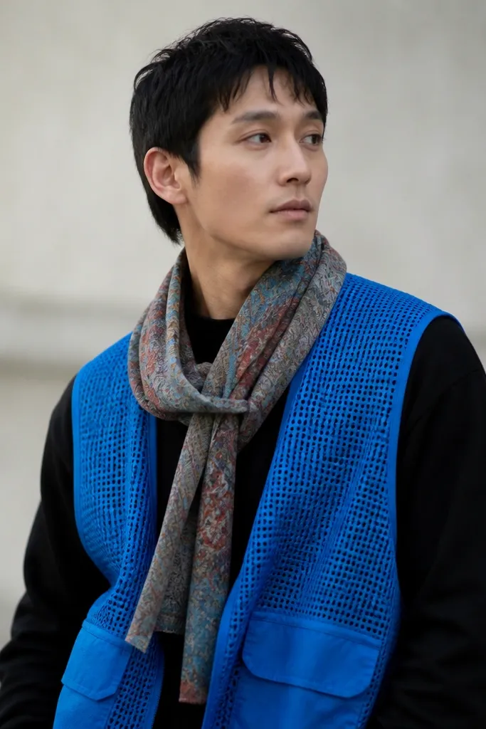 A man wearing a black long-sleeve under a bright blue mesh vest, with a random patterned scarf and no matching accessories.