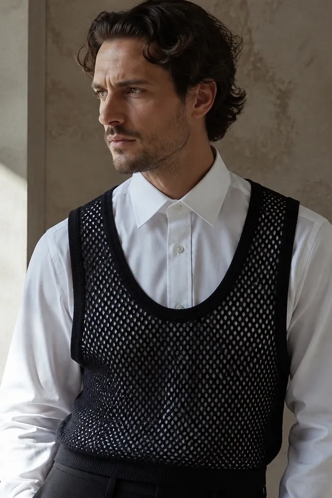 A man wearing a mesh vest layered over a crisp dress shirt with a stiff collar and polished buttons.