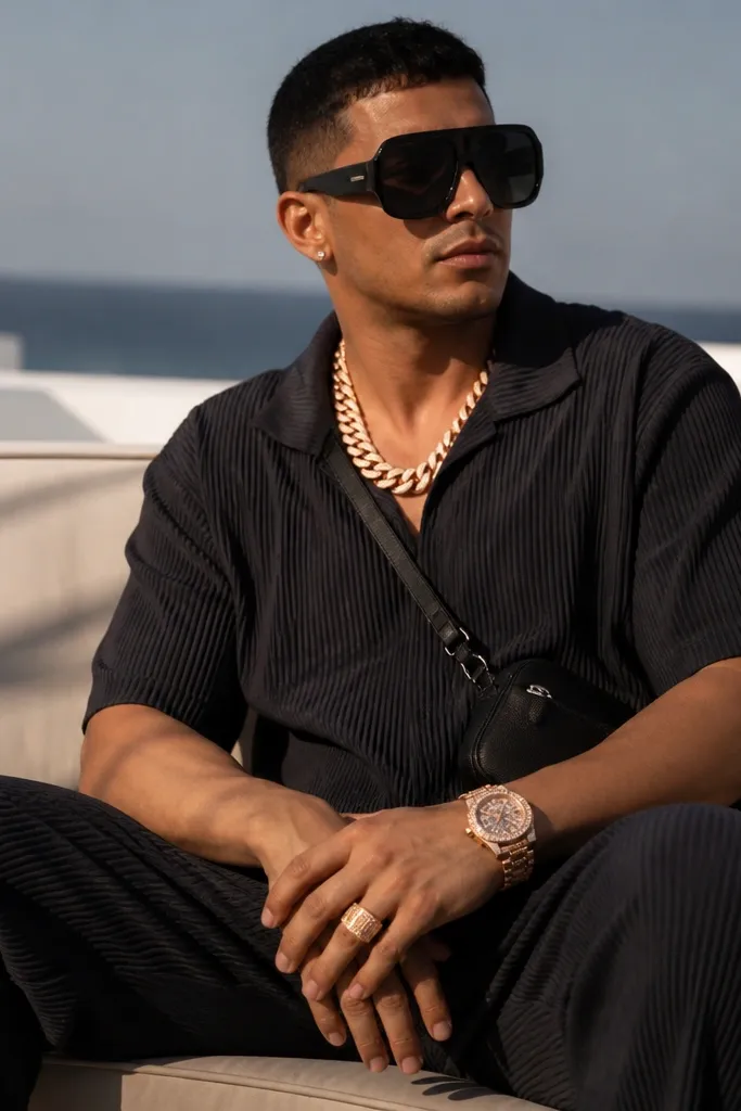 A man wearing oversized sunglasses, a big chain, a huge watch, and a chunky ring all at once, with a small crossbody bag.