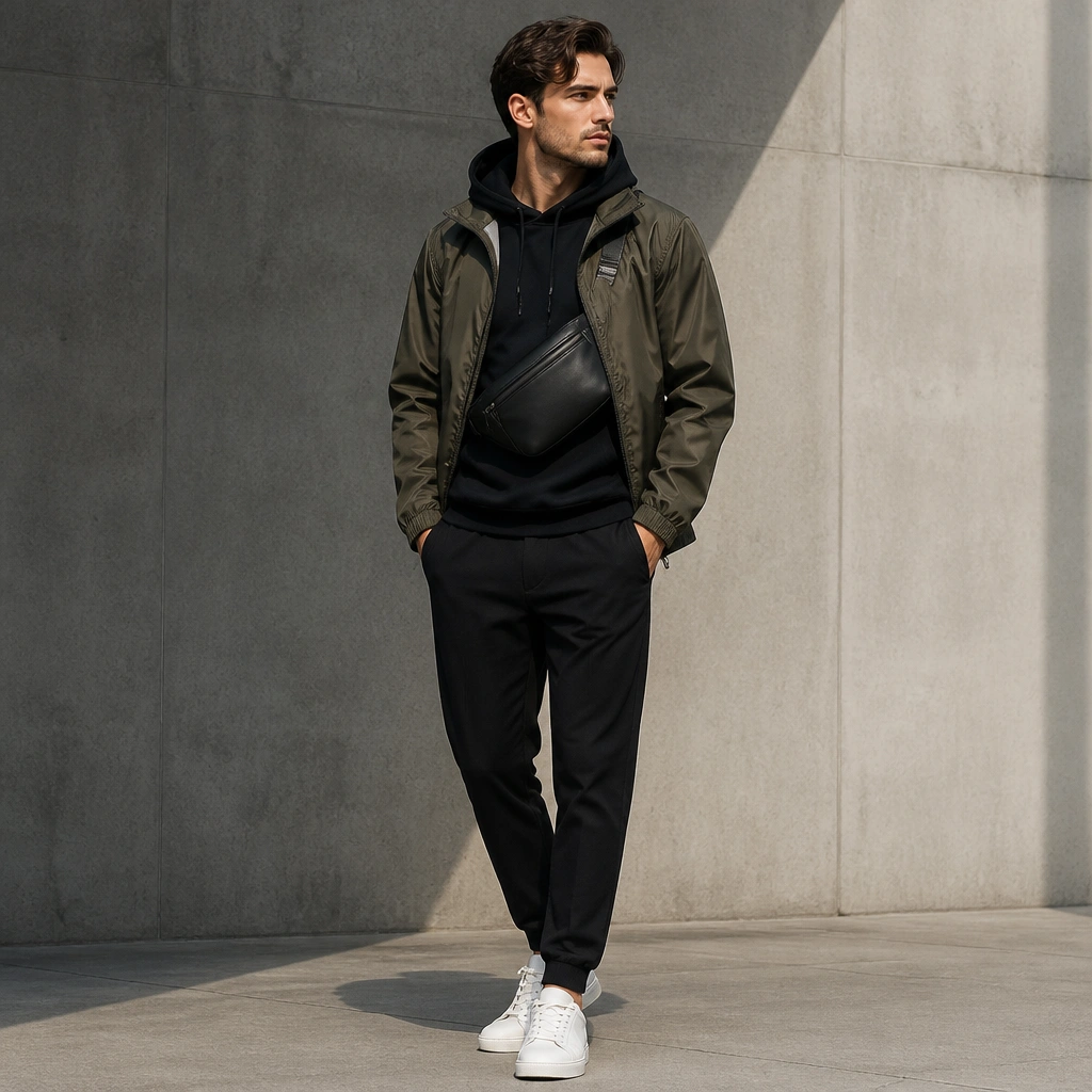 A glossy olive tech windbreaker is worn open over a black hoodie, with a small belt bag strapped across the chest/waist. The belt bag has a structured shape and a top zipper. The outfit is completed with tapered black pants and white low-top sneakers.