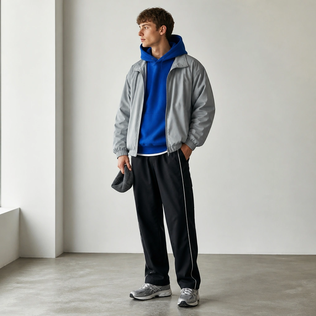 A bright cobalt oversized hoodie is layered under a light gray zip jacket. The track pants are black with white piping and a visible side seam pocket. The model holds a small knit beanie and wears gray-and-white running shoes.