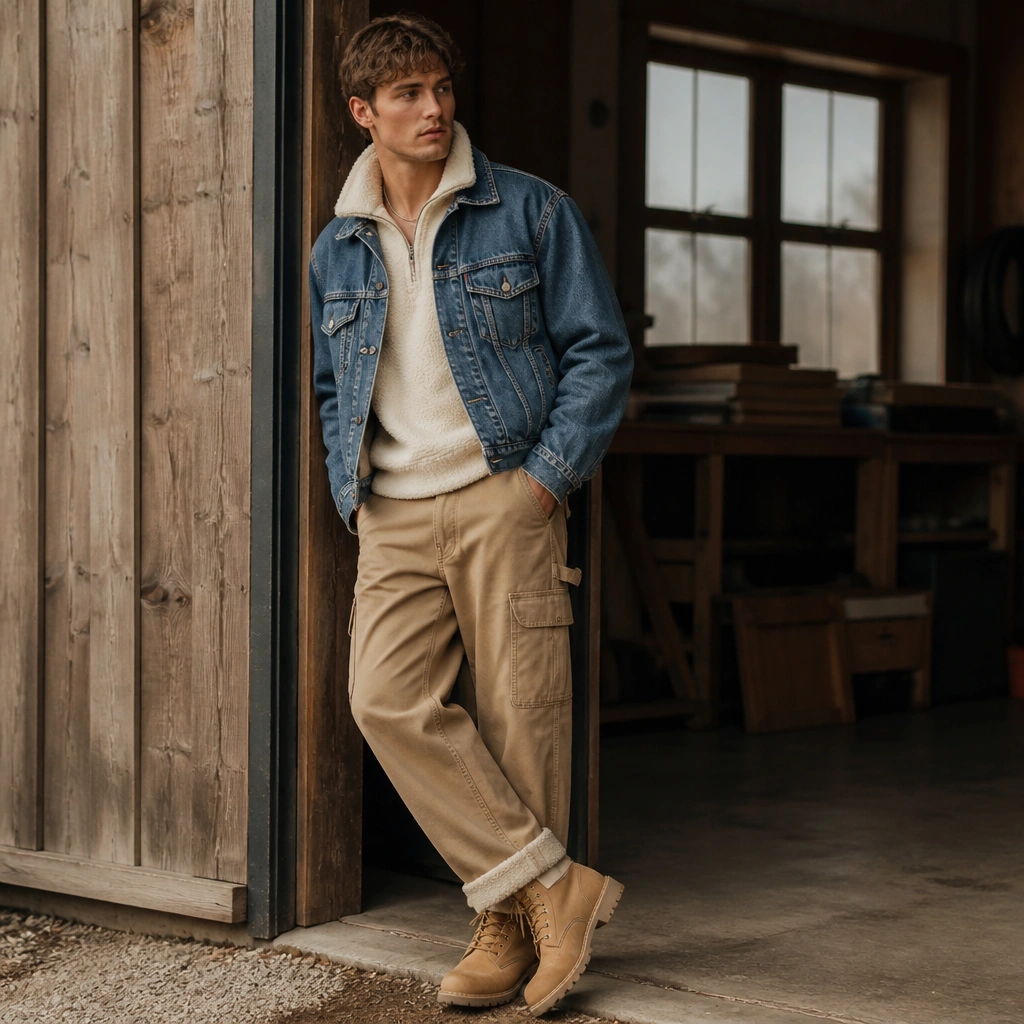 A medium-wash denim jacket sits over a cream sherpa-lined top. The pants are carpenter style with multiple tool-like pockets and a warm sherpa cuff detail at the ankles. The model wears tan boots and a simple chain necklace.
