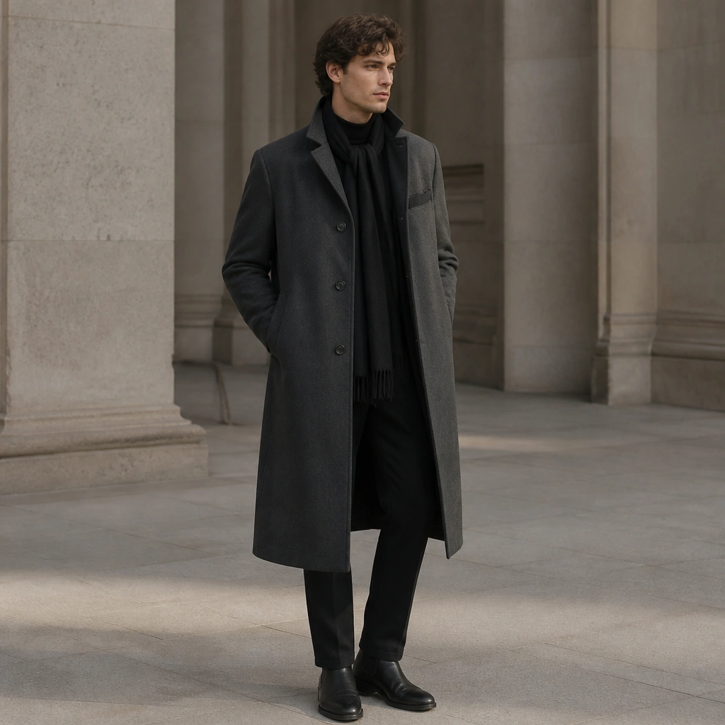 A longline charcoal trench-style coat is worn with a black turtleneck and straight-leg trousers. The coat is buttoned with a visible inner pocket opening near the chest. The model wears black Chelsea boots and a dark scarf.