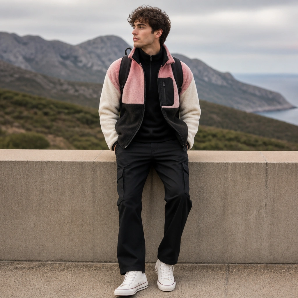 A color-blocked fleece jacket (pink, black, and cream panels) is layered over a black base layer. The pants are men’s cargo in black with a slightly flared hem and visible side pockets. The model wears white high-top sneakers and a small backpack with a top handle.