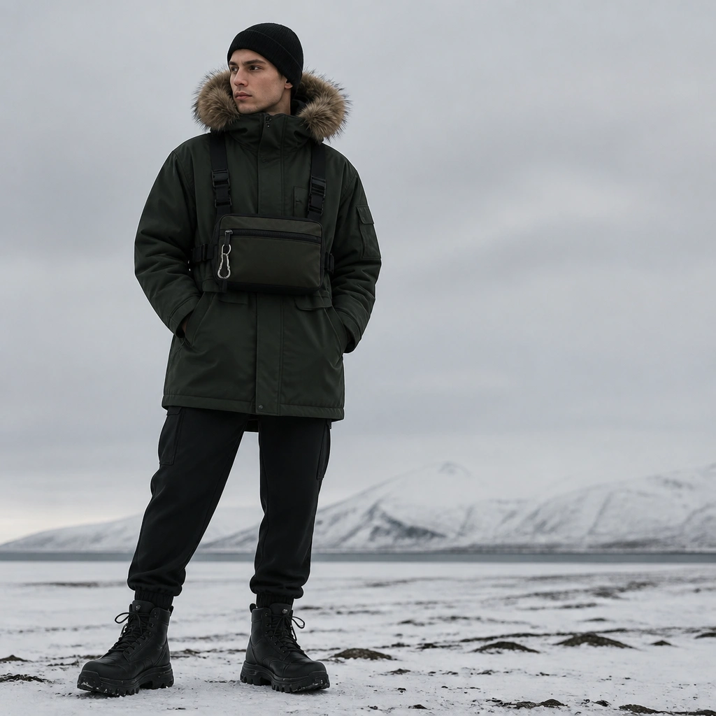A dark green winter parka with a fur-trim hood is shown with a removable utility pouch attached at the front straps. The pouch has a top zipper and a small carabiner clip. The model wears black joggers and chunky winter boots.