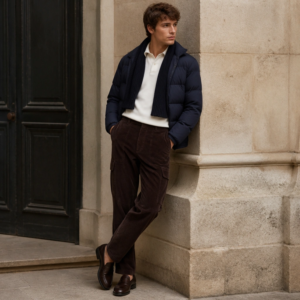A fitted white polo is layered under a cropped puffer jacket in navy. The pants are corduroy in deep brown with visible side pockets and stitched panels. The model wears dark loafers and a knit scarf.