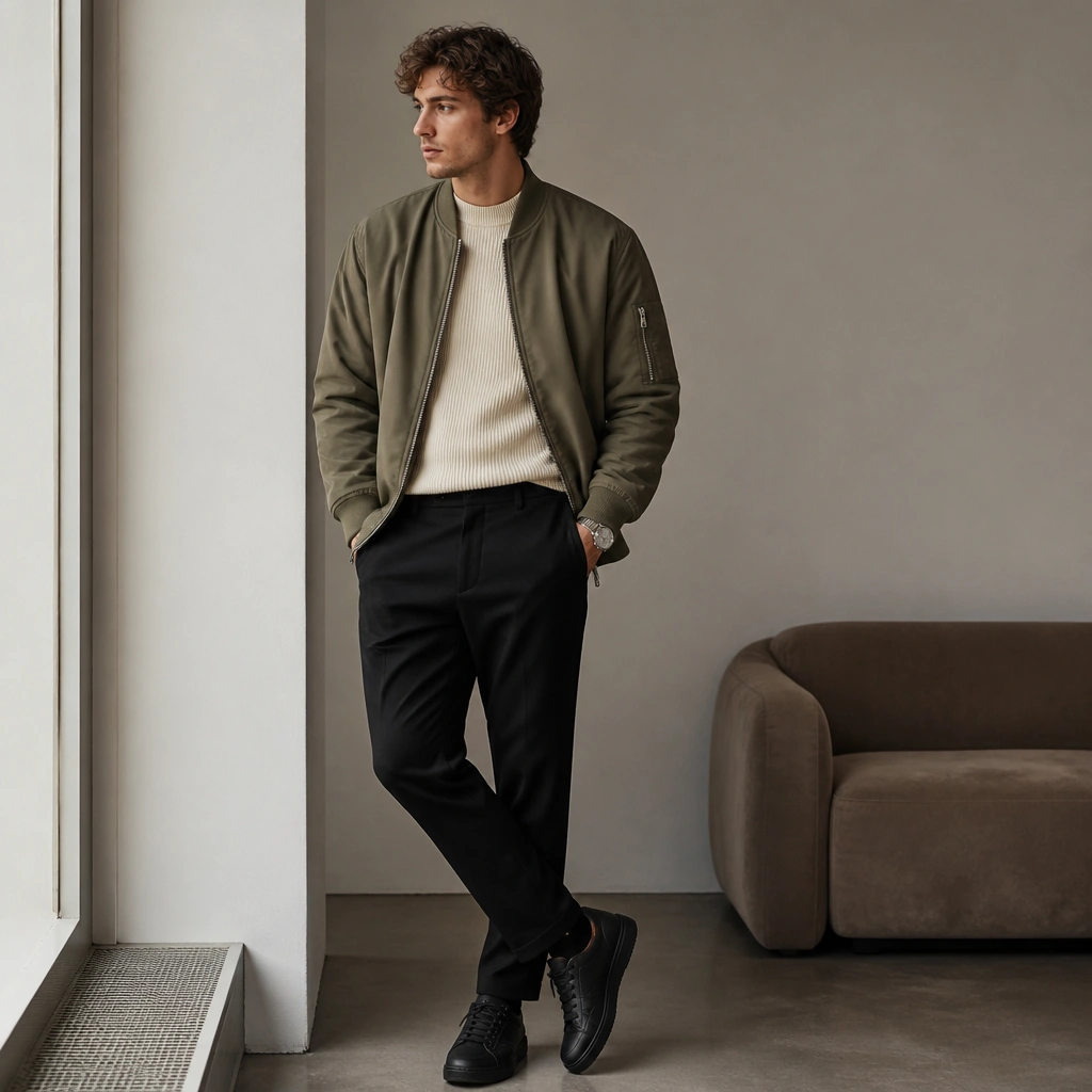A ribbed mock-neck sweater in cream is tucked slightly into black trousers. An oversized bomber in olive has a visible zip pocket on the sleeve and a clean ribbed hem. The model wears black sneakers and a silver watch.