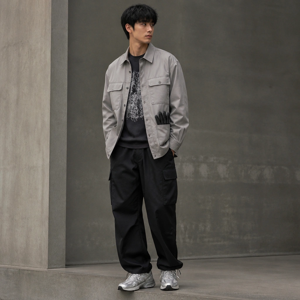 A dark graphic long-sleeve tee peeks from under a light gray utility overshirt with button flaps. The overshirt has a side pocket large enough for folded gloves. The model wears black cargo pants and reflective silver sneakers.