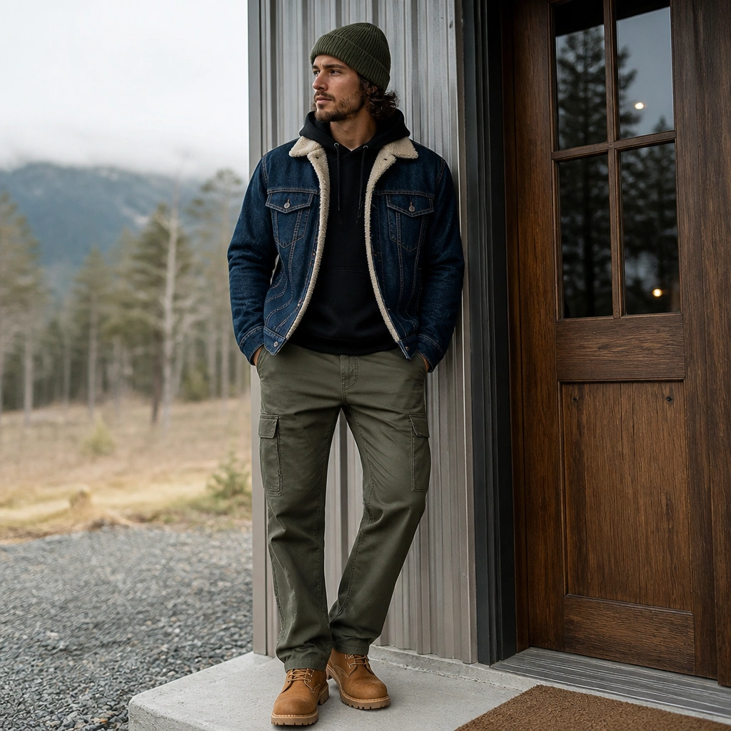 A sherpa-lined denim trucker jacket in indigo is worn over a black hoodie. The cargo trousers are straight-leg with a clean pocket layout and reinforced seams. The model wears olive beanie and tan work boots.