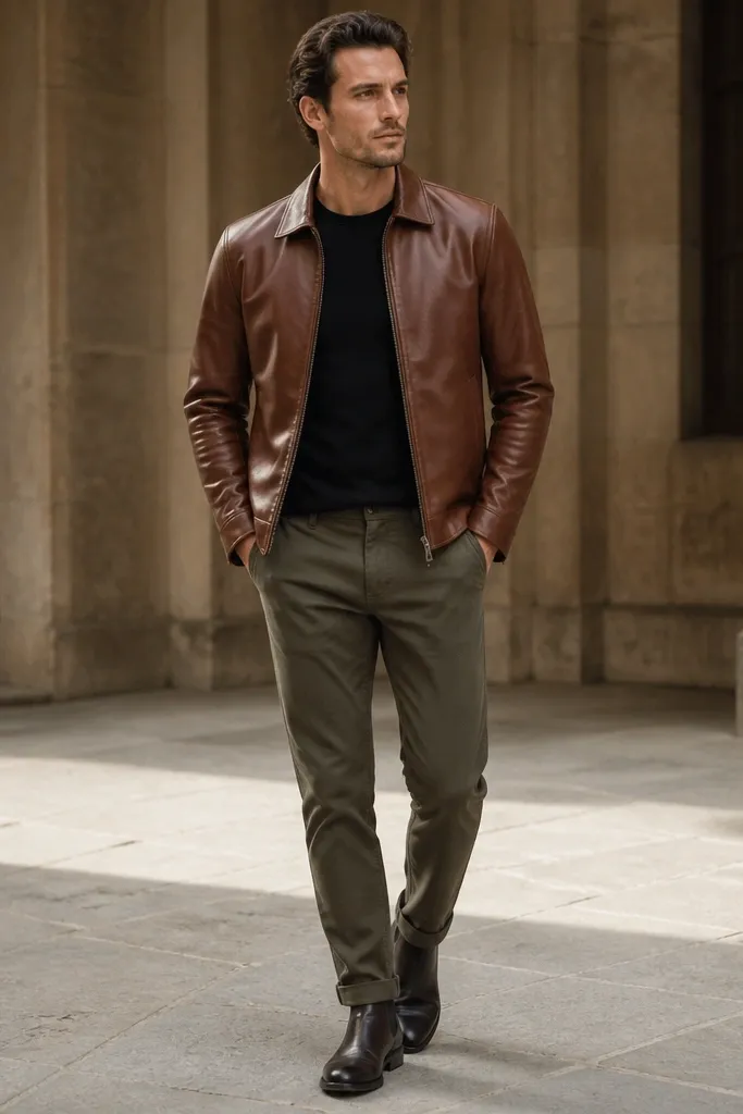 A man in a medium-brown leather jacket layered over a black crewneck tee, with olive chinos and dark Chelsea boots; the outfit is sleek and minimal with a clean collar line.