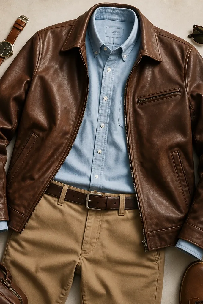 A couple-style flat lay: a light blue button-down under a brown leather jacket, tan chinos, and a slim belt; the shirt cuffs peek out at the wrists.