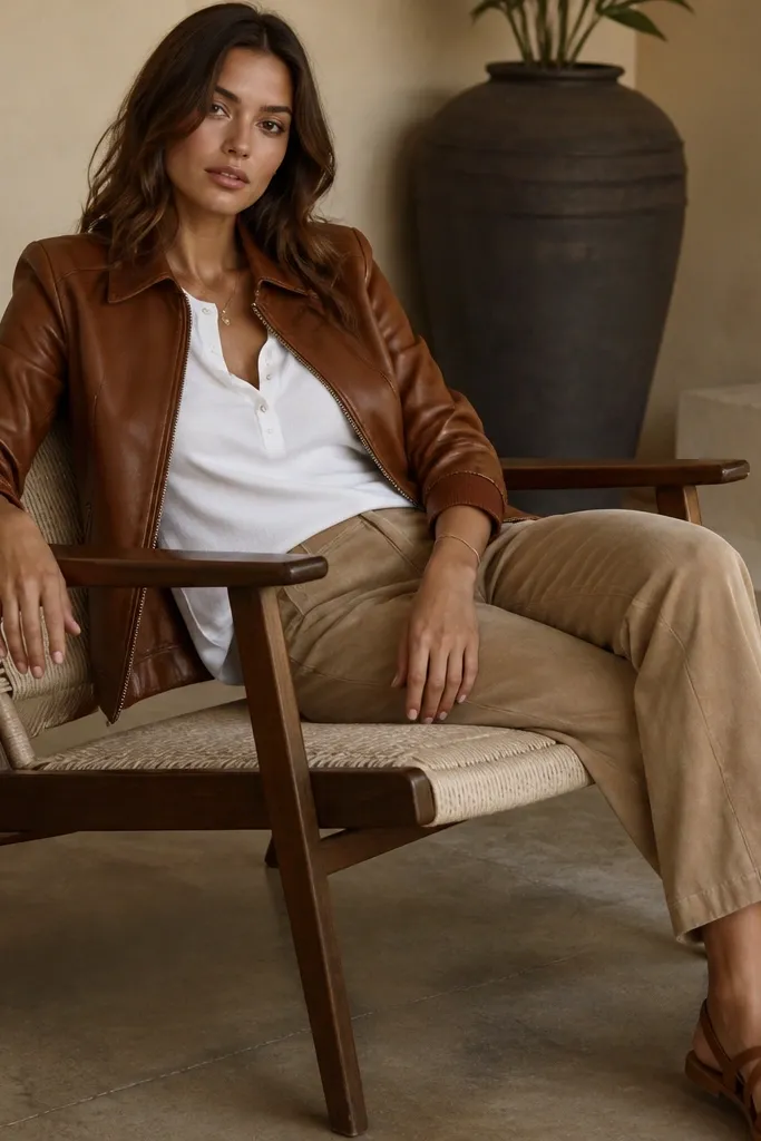 A woman wearing a cognac-brown leather jacket over a white henley, paired with sand-colored pants with a suede-like texture; minimal jewelry and tan sandals finish the look.
