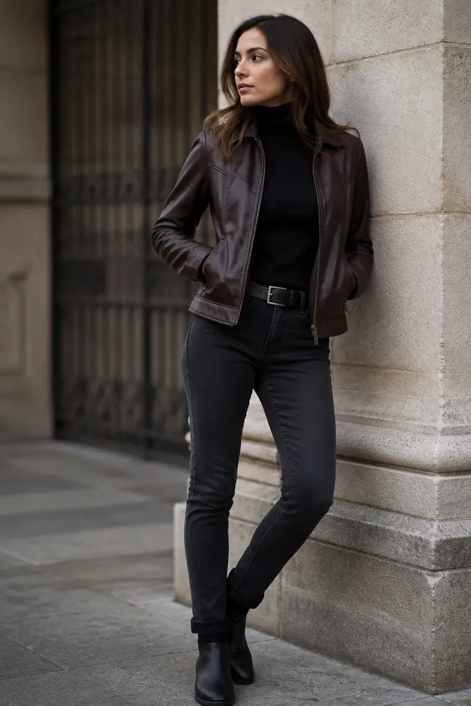A woman in a dark brown leather jacket over a fitted black turtleneck, with charcoal skinny jeans and black ankle boots; the look is sleek with a clean, close-to-body silhouette.