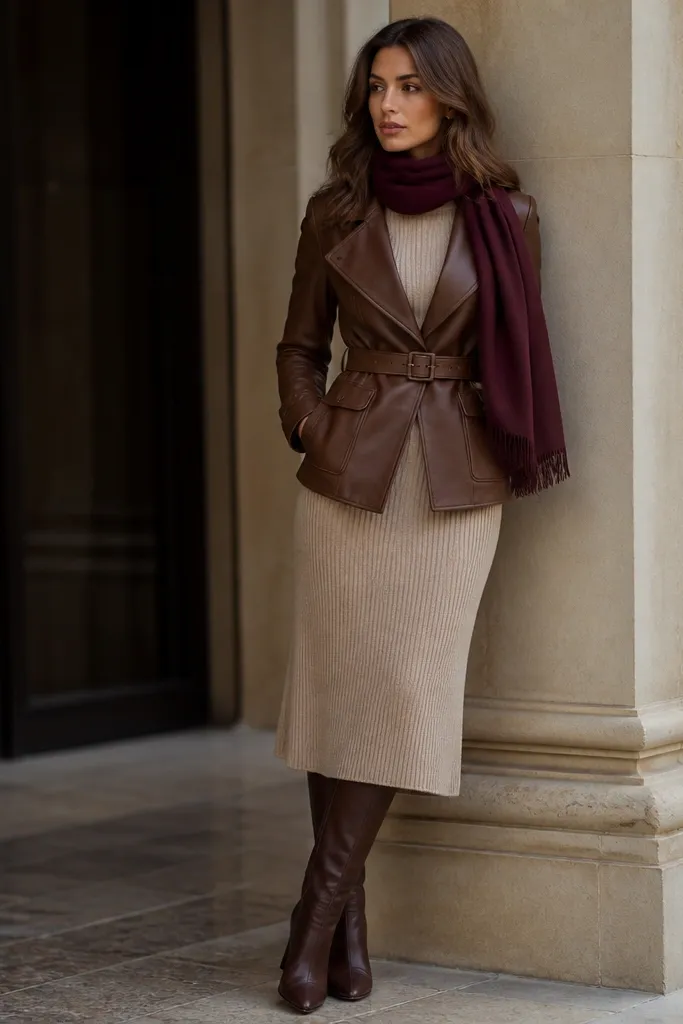 A woman wearing a brown leather jacket over a beige knit midi dress, with a burgundy scarf draped at the neck; she has brown knee-high boots and a belt at the jacket waist.