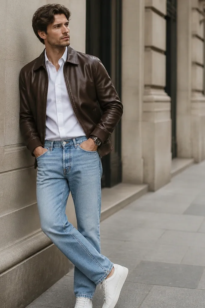 A man wearing a brown leather jacket over a crisp white poplin button-down, tucked into light wash denim; he wears white sneakers and a simple watch.