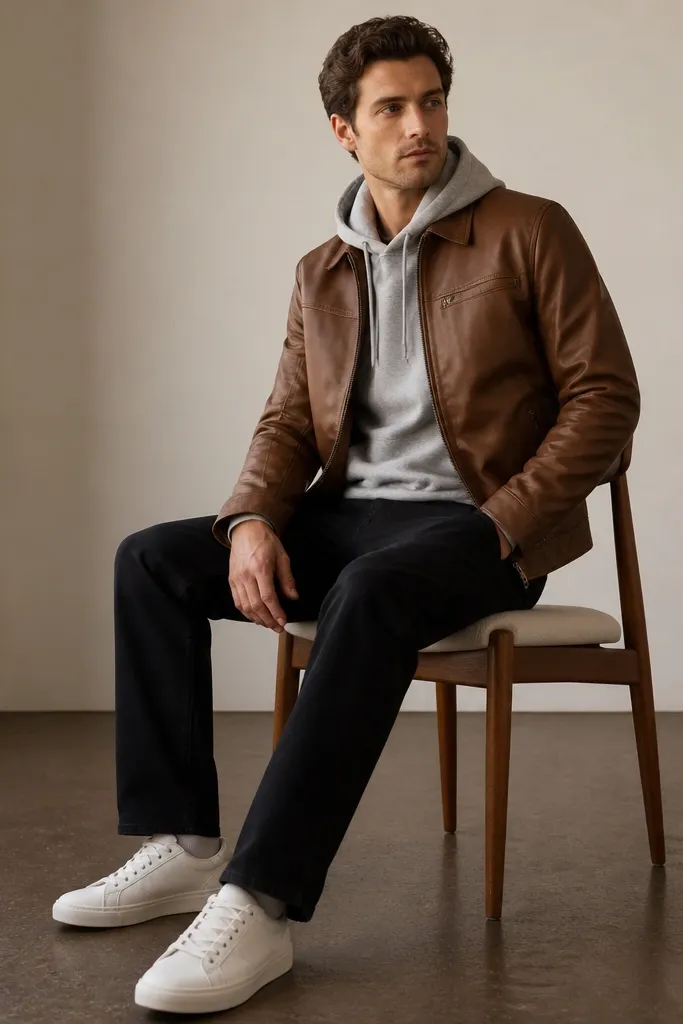 A model in a medium-brown leather jacket layered over a heather gray hoodie, with black straight-leg jeans and white sneakers; the jacket is zipped halfway.