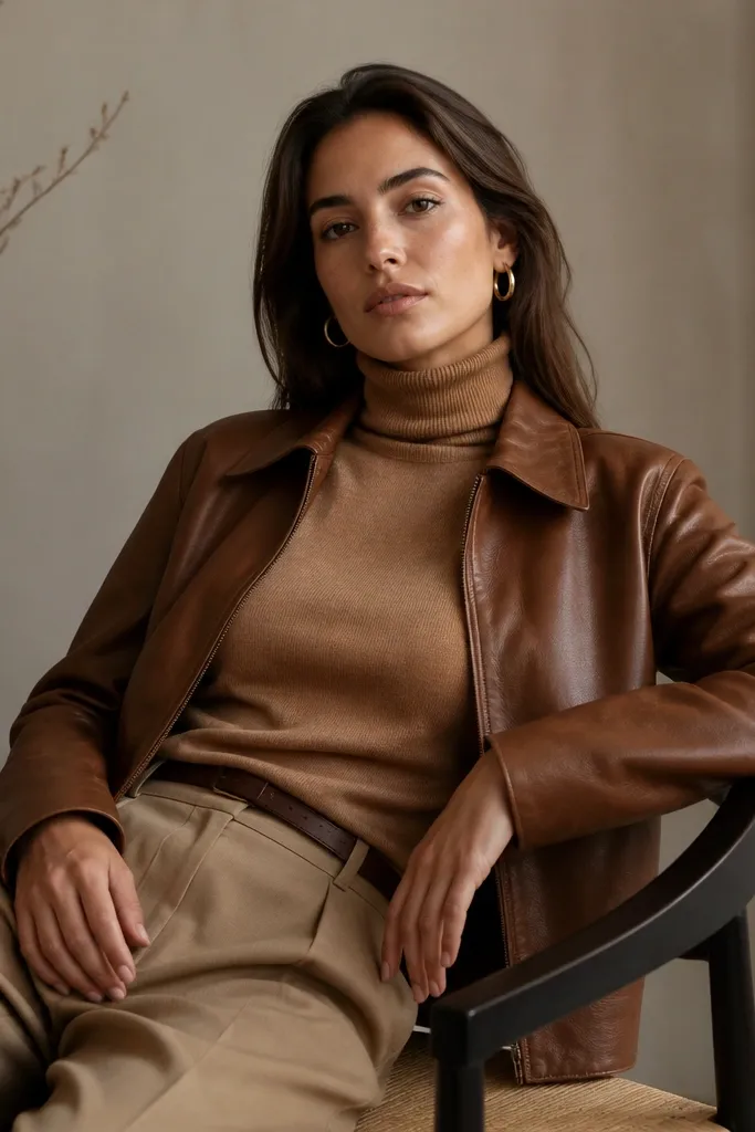 A woman wearing a camel turtleneck under a slightly darker brown leather jacket, with tan trousers and minimal gold hoops; the tones blend smoothly without looking flat.