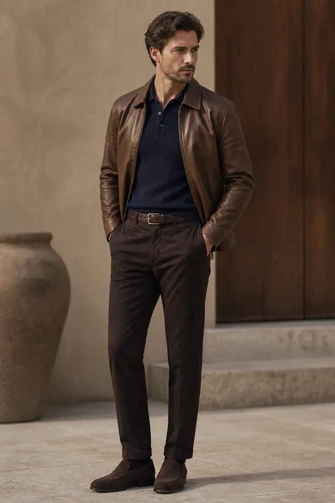 A man in a brown leather jacket over a navy knit polo shirt, paired with dark brown chinos and a belt; loafers or low boots complete the look.