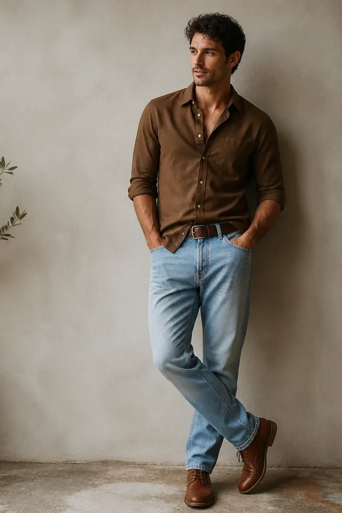 A brown button-up worn untucked over light-wash blue jeans, sleeves rolled to elbows, paired with a dark brown leather belt and simple brown leather lace-up shoes.