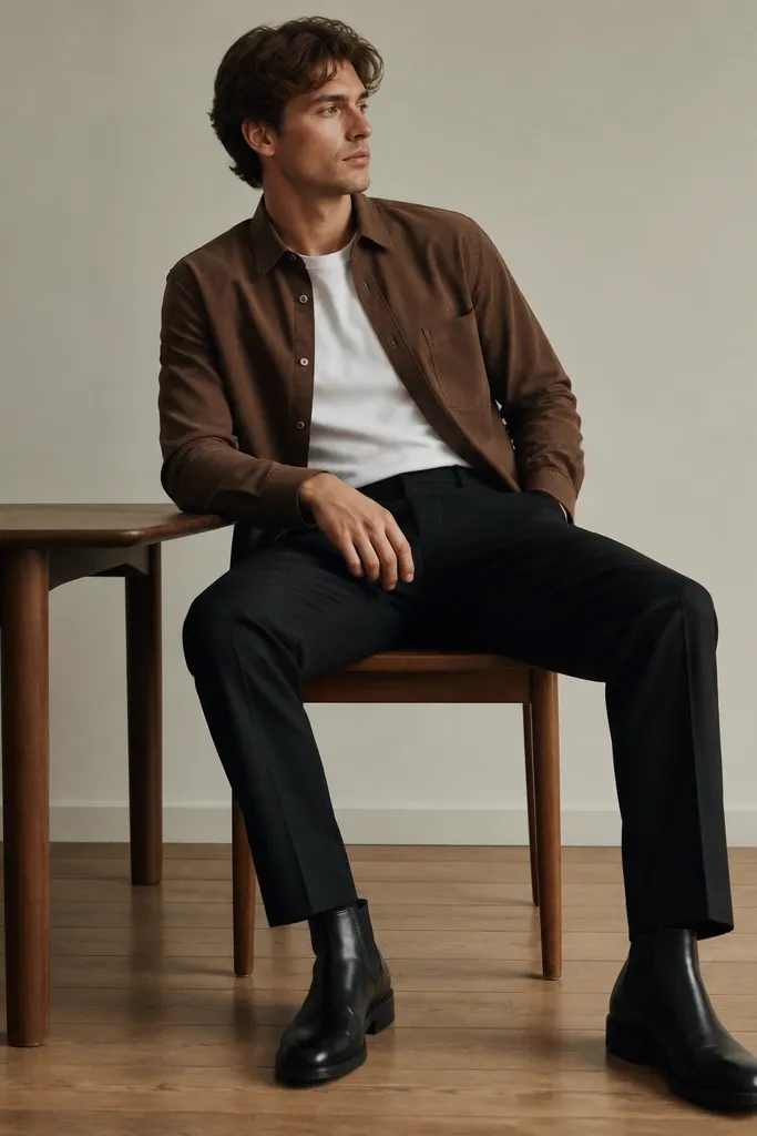 A model with a brown button-up partially open over a white crewneck tee, black tailored trousers, and black leather boots; collar slightly spread.