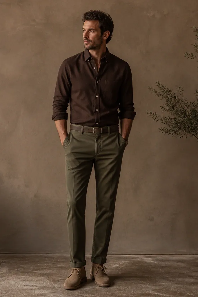 A brown button-up tucked into olive chinos with a soft olive belt, suede desert boots, and a muted earth-toned background; sleeves are rolled.
