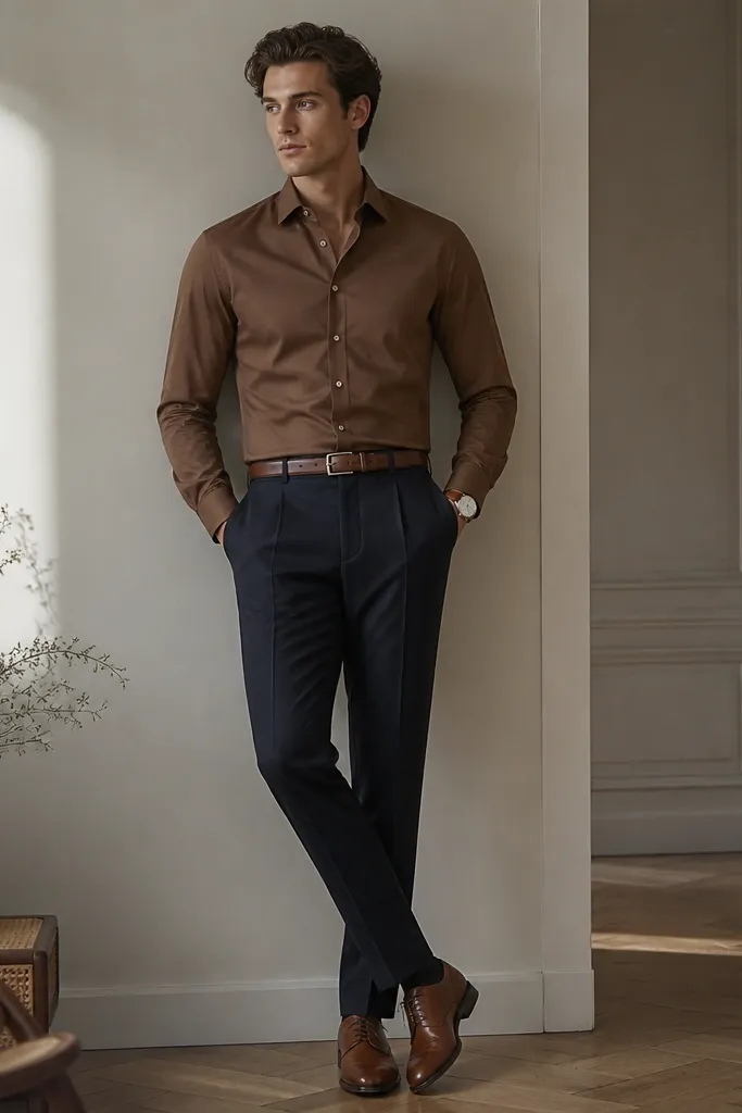A brown button-up fully tucked into navy trousers, paired with brown oxford shoes; a simple watch and belt match the shoe color.