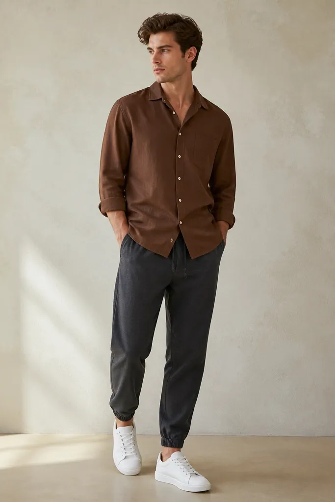 A model wearing a brown button-up untucked over charcoal joggers with a relaxed fit, paired with clean white low-profile sneakers; sleeves rolled.