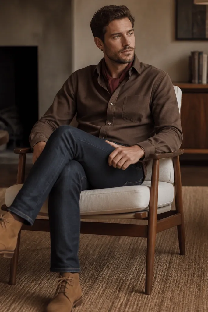 A brown button-up with a burgundy scarf peeking at the neckline, tan chukka boots, dark jeans, and a warm indoor background; collar open slightly.