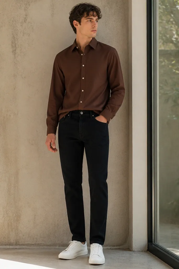 A brown button-up worn with black denim jeans, a partial tuck, and white sneakers; the shirt collar is neatly pressed with a clean placket.