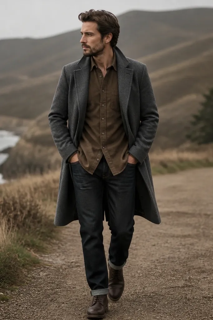 A brown button-up under a gray overcoat, dark jeans, and dark leather boots; the coat is open and the shirt hem is visible.