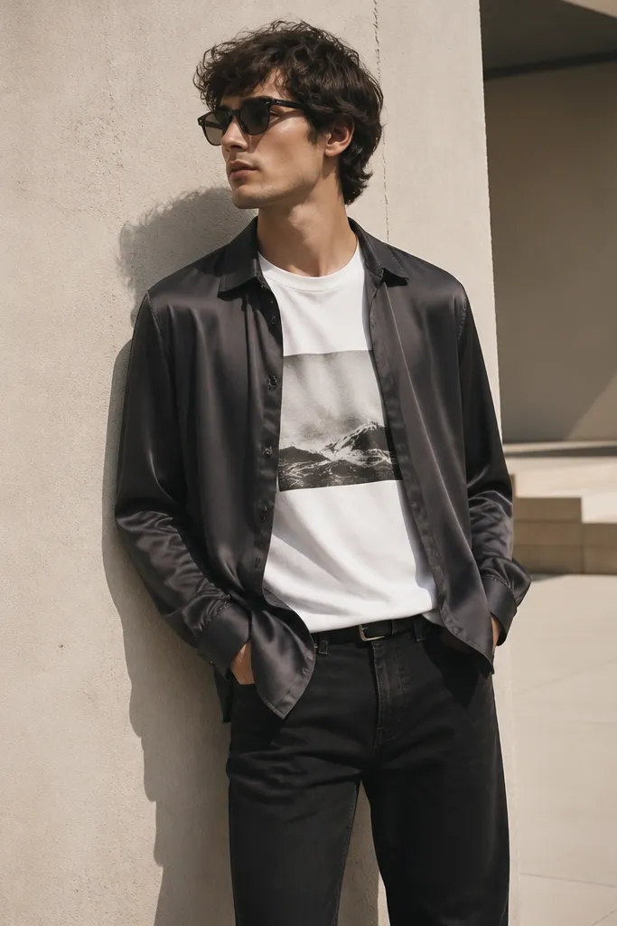 A satin charcoal slip-style shirt worn open over a white graphic tee; the outfit includes black straight-leg jeans and dark sunglasses.