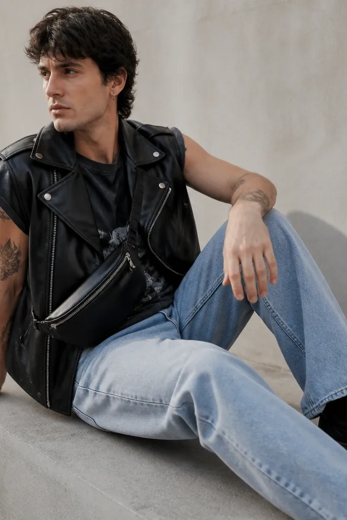 A sleeveless faux leather moto vest over a washed black graphic tee; light-wash jeans and black sneakers are shown, with a belt bag across the chest.