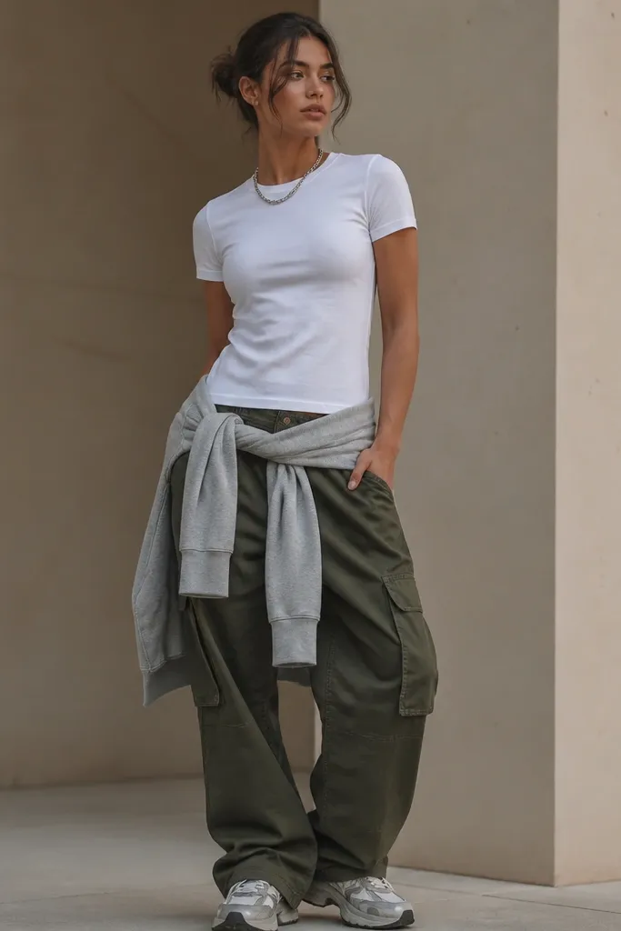 An oversized gray hoodie tied around the waist over a fitted white tee; cargo pants in dark olive, with a silver chain necklace and chunky sneakers.