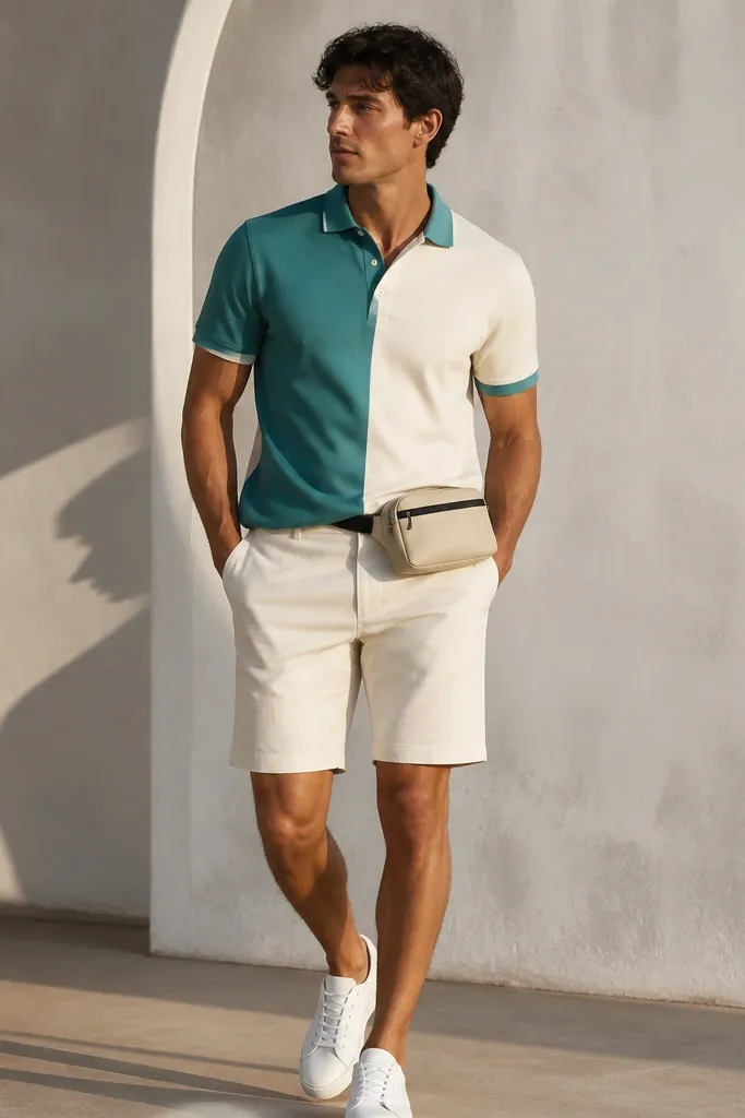 A color-block polo shirt with teal and cream panels; paired with matching cream shorts and a small nylon belt bag worn at the hip; white sneakers complete the look.