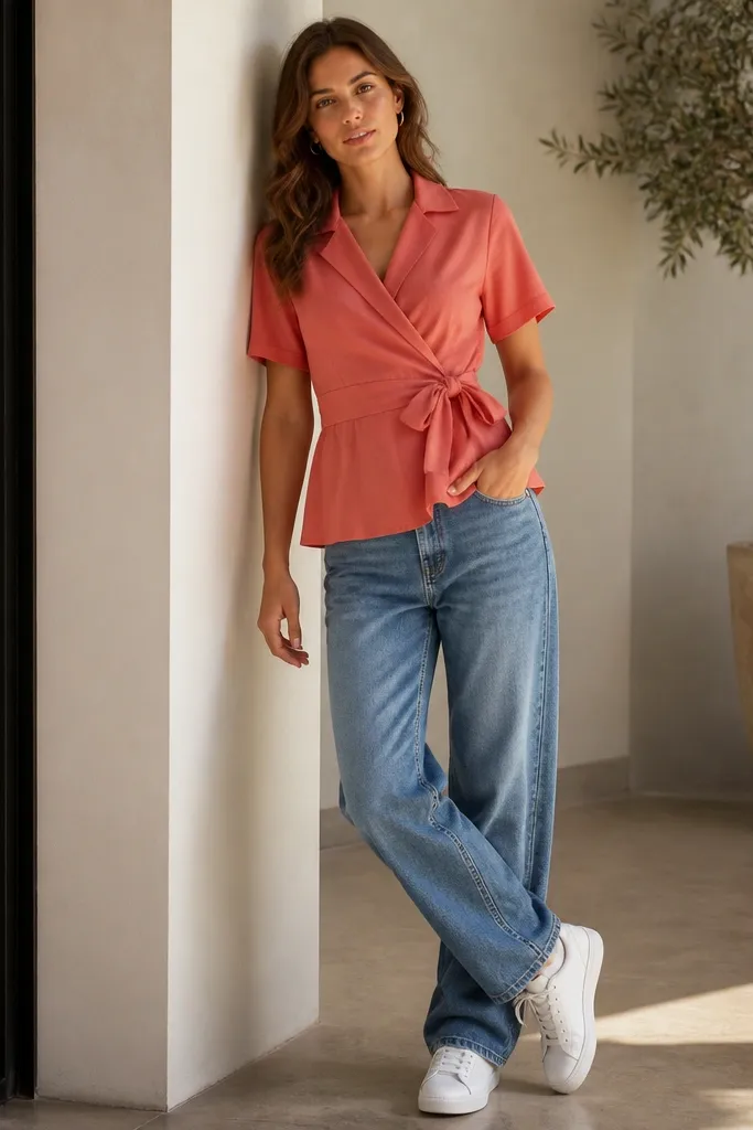 A short sleeve wrap-style shirt in a warm coral tone worn over relaxed medium-wash denim; the shirt is cinched at the waist and paired with white sneakers.