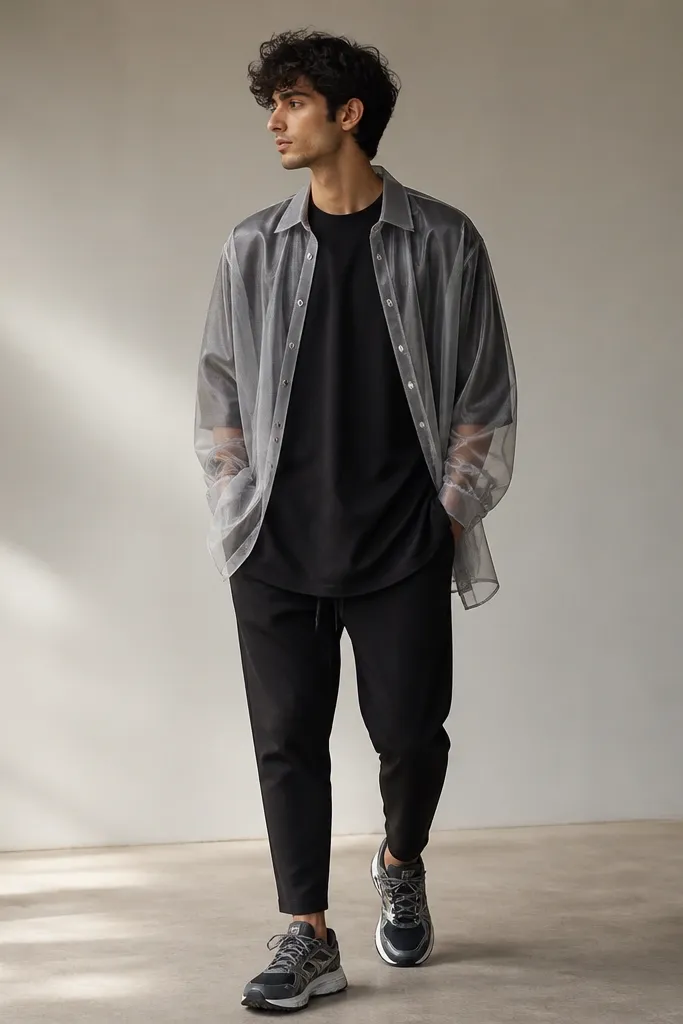 A longline black graphic tee under a light gray sheer mesh overshirt; paired with black tapered pants and reflective silver details on the sneakers.